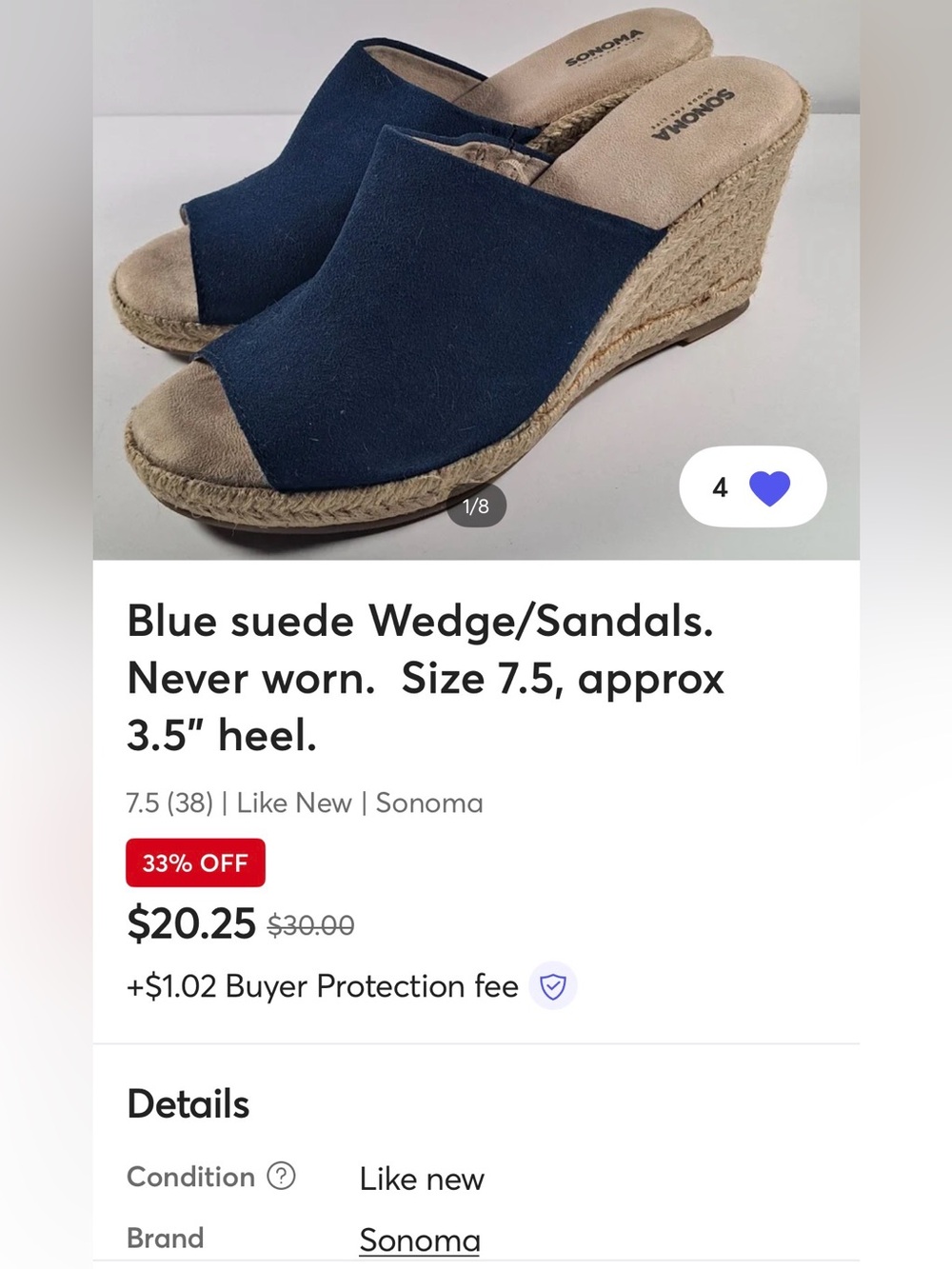 Blue suede Wedge/Sandals Size 7.5, approx 3.5" heel.